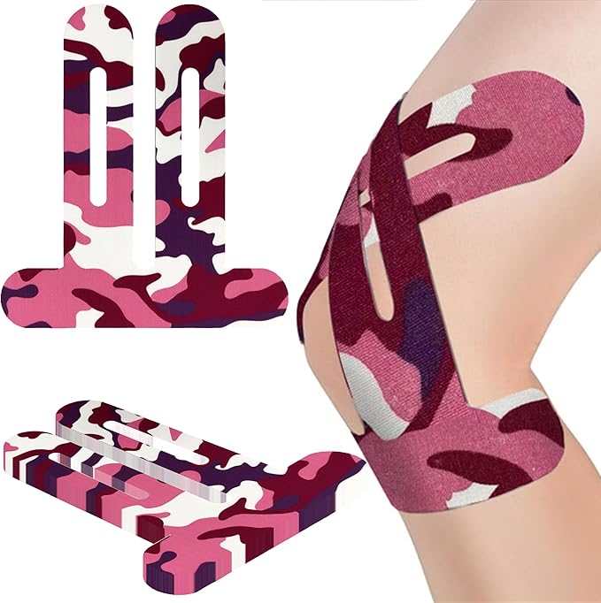 Precut Kinesiology Tape for Knees,24 Pcs – Elastic Knee Support & Stability, Pain Relief – Waterproof, Breathable, Hypoallergenic Athletic Tape (Camo Pink)