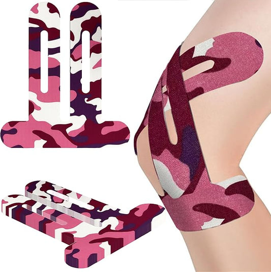 Precut Kinesiology Tape for Knees,24 Pcs – Elastic Knee Support & Stability, Pain Relief – Waterproof, Breathable, Hypoallergenic Athletic Tape (Camo Pink)