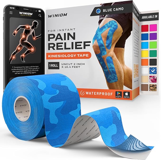 Kinesiology Tape-Incredible Support for Athletic Sports and Recovery+Free Taping Guide-Uncut 2 inch 16.4 feet Roll (Blue Camo + Free Taping Guide, Pack of 1)