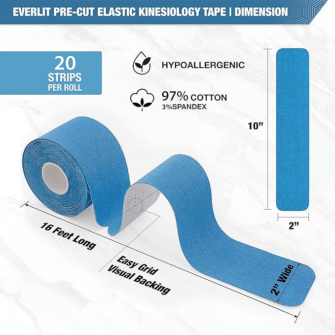 EVERLIT [Single] Pre-Cut Elastic Cotton Kinesiology Therapeutic Athletic Sports Tape, for Pain Relief and Support, 20 Precut 10” Strips (Light Blue)