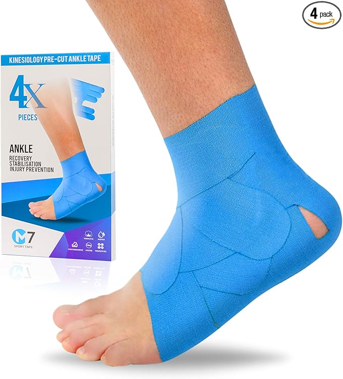 M7 Sport Kinesiology Ankle Tape for Ankle Sprain and Injury Recovery, Pain Relief Therapeutic Tape, Ankle Brace Compression Support, Plantar Fasciitis, Waterproof, Eases Swelling (Blue, 4-Pack)
