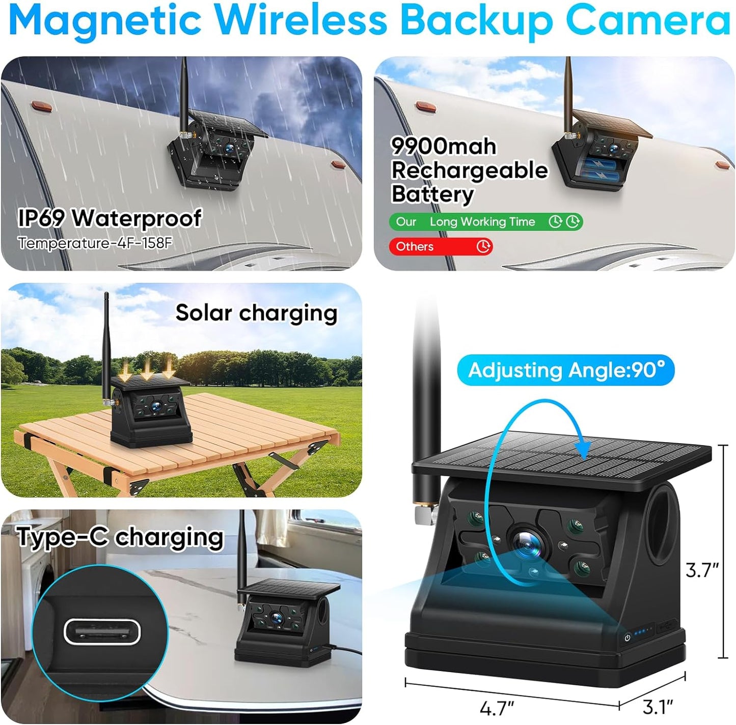 Solar Wireless Magnetic Backup Camera, 9900mAh Battery Powered Rechargeable IP69 Waterproof HD Back Up Rear View Remote Control Camera with 7 Inch 1080P Monitor System for Car Truck Trailer RV VN003