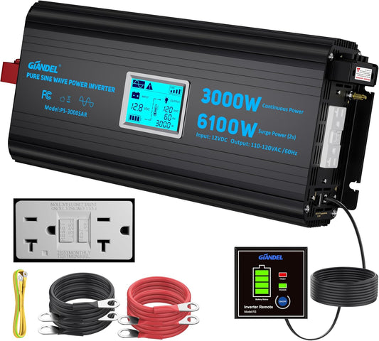3000 Watt Power Inverter Pure Sine Wave with 6100Watt Surge for 2S 12V DC to 120V AC Converter,UL Listed GFCI outlets, Lithium Battery Compatible for RVs,Off-Grid Solar Power Inverter by GIANDEL