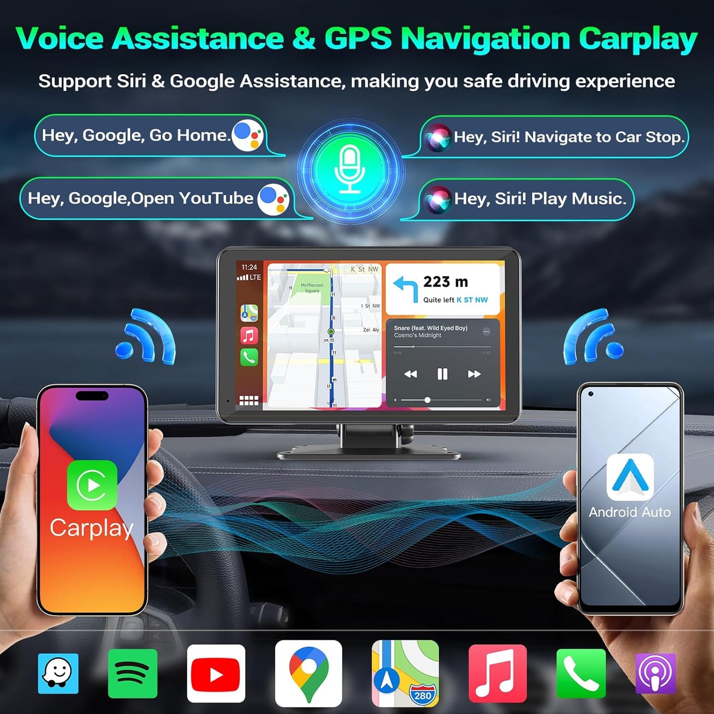 Carplay Screen for Car, 7" Portable Wireless Car Stereo for Apple Carplay & Android Auto,Touchscreen CarPlay Dash Cam,Audio Receivers W/Mirror Link/Rear Camera/Bluetooth/Navigation/AUX/Voice Control