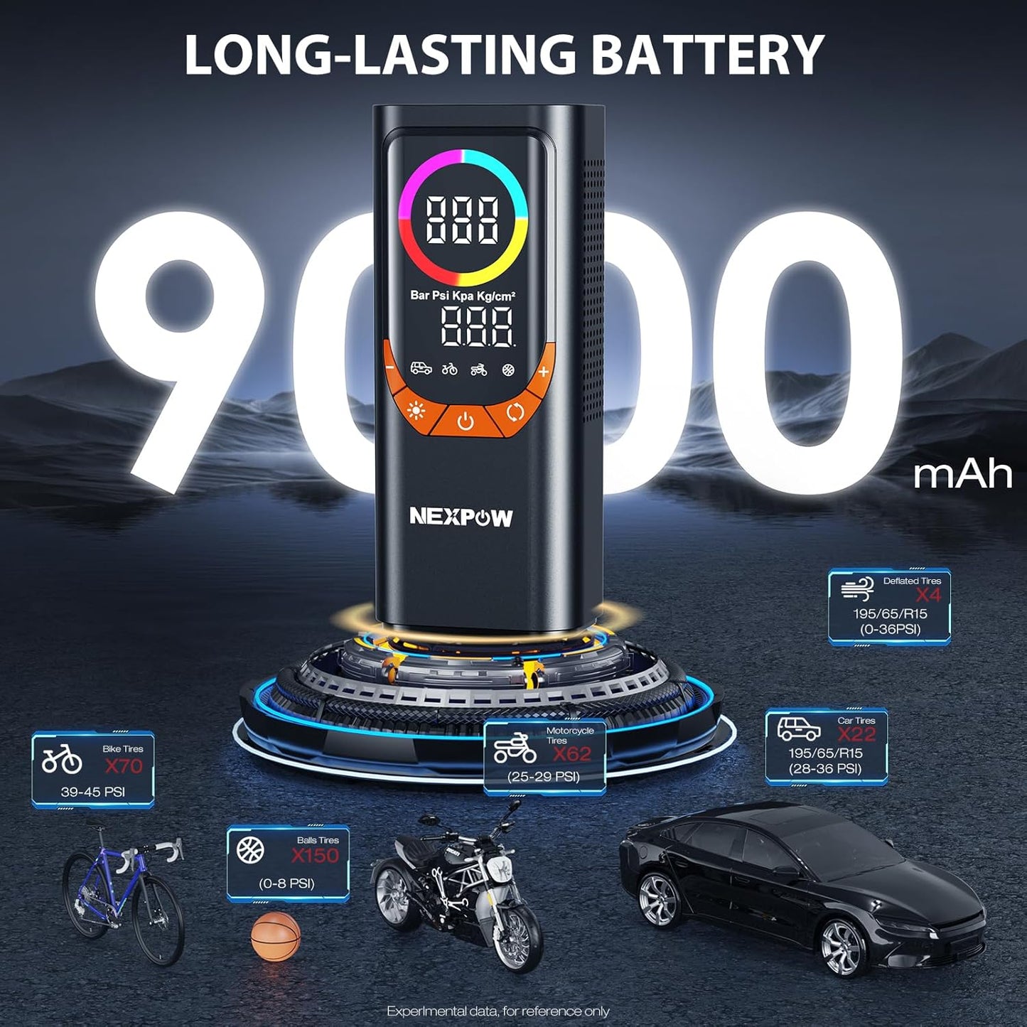 NEXPOW NP17 Portable Air Compressor, 150 PSI Digital Tire Inflator, Fast Inflation with Auto Shut-Off, LED Light, Multiple Nozzles for Car, Bike, and Ball, Compact Design, Orange