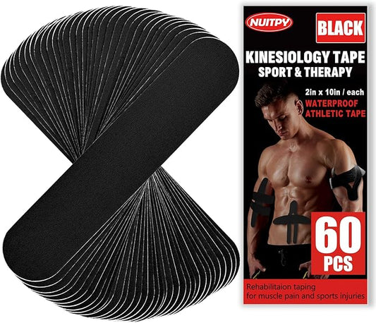 60PCS Precut Kinesiology Tape Strips, 2 inch x 10 inch Athletic Tape, Kinetic Tape, Elastic Muscle Tape, Sports Tape, Knee Tape for Exercise and Daily Use - Black