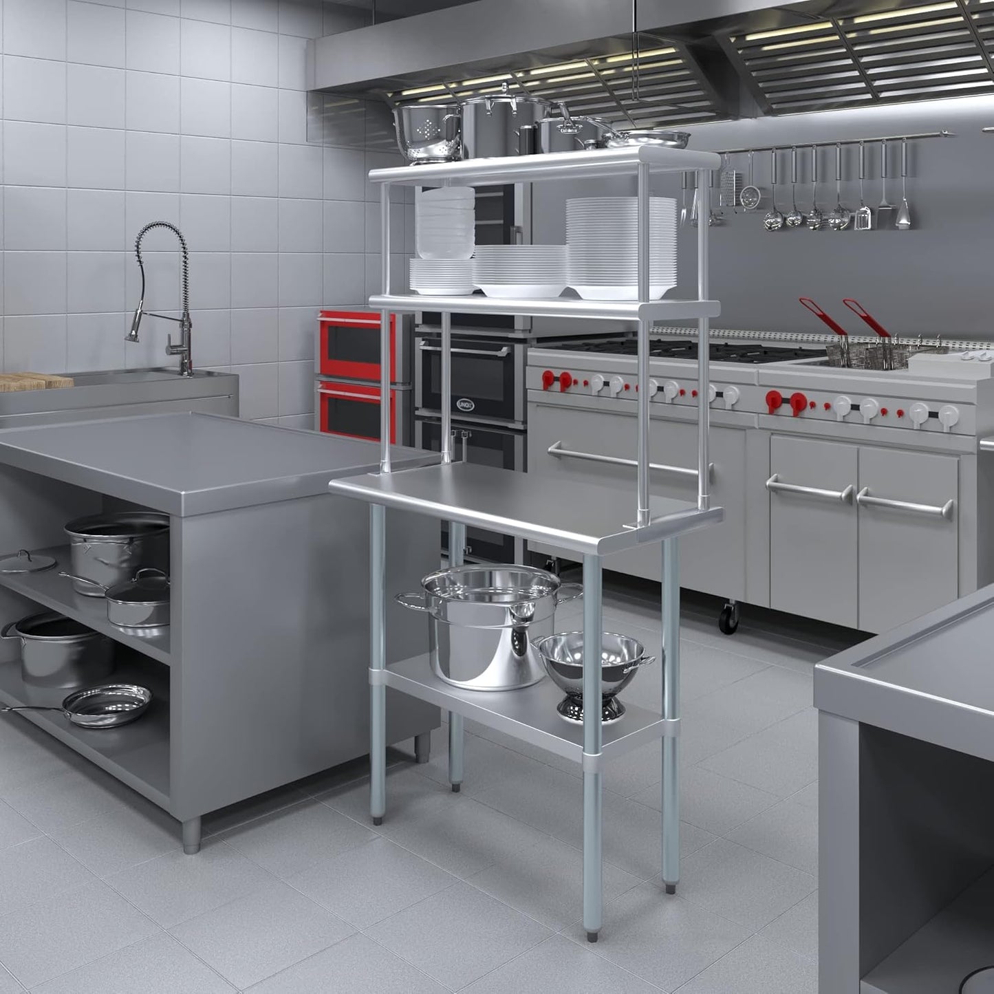 Amgood Stainless Steel Work Table Double Tier Overshelf | Metal Kitchen Prep Table & Shelving Combo (18" x 36" Work Table + 12" Overshelf)