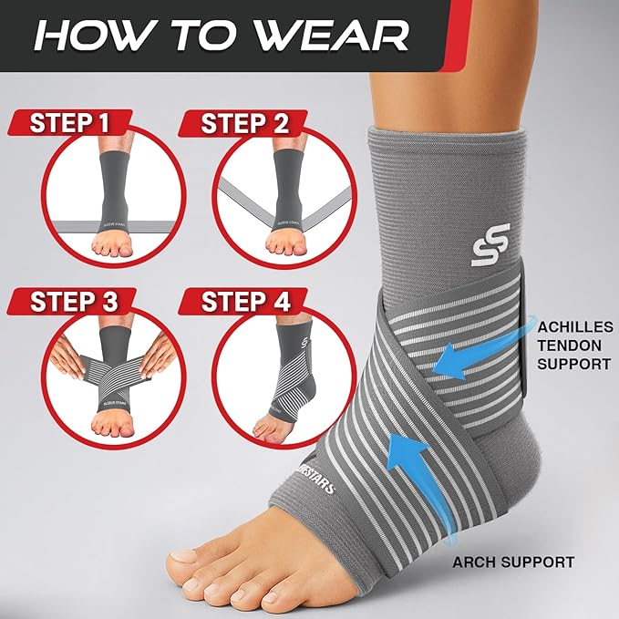 Sleeve Stars Ankle Brace for Women & Men, Ankle Wrap for Sprained Ankle, Compression Sleeve for Plantar Fasciitis Relief, Easy Customizable Support: w/Removable Strap (Single/L:12"-13"/Gray)