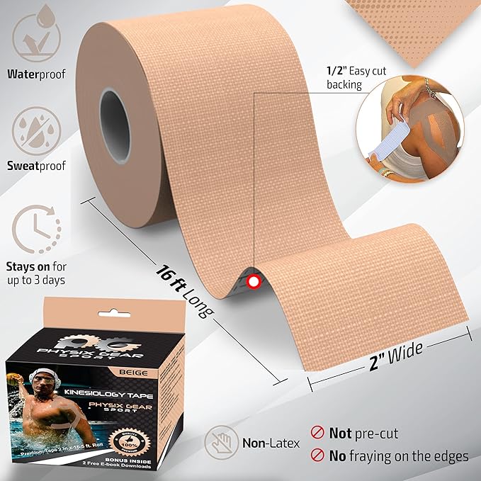 Physix Gear Cotton Kinesiology Tape Roll 16ft, Latex-Free Athletic Tape for Muscles/Joints, Waterproof Kinesiolgy, Stretchy Kinesiologytape, Gentle on Skin Kiniseaology Tape, Kinesology Tape