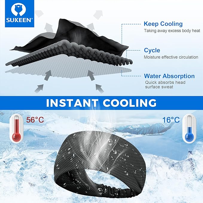 Sukeen Cooling Headband for Men Women, Instant Cooling Running Headband, Sweat Headbands for Workout, Sports Headbands for Yoga, Golf, Gym, Camping, Tennis, 20 inches