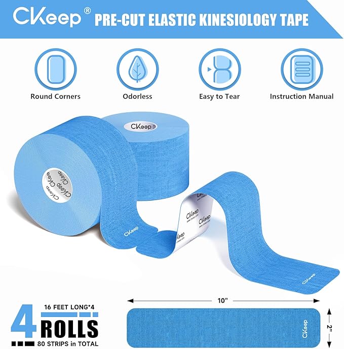 CKeep 4 Rolls Kinesiology Tape, Original Cotton Elastic Athletic Tape, 20 Precut 10" Strips Each, Light Blue, Ideal for Muscle Support & Injury Prevention