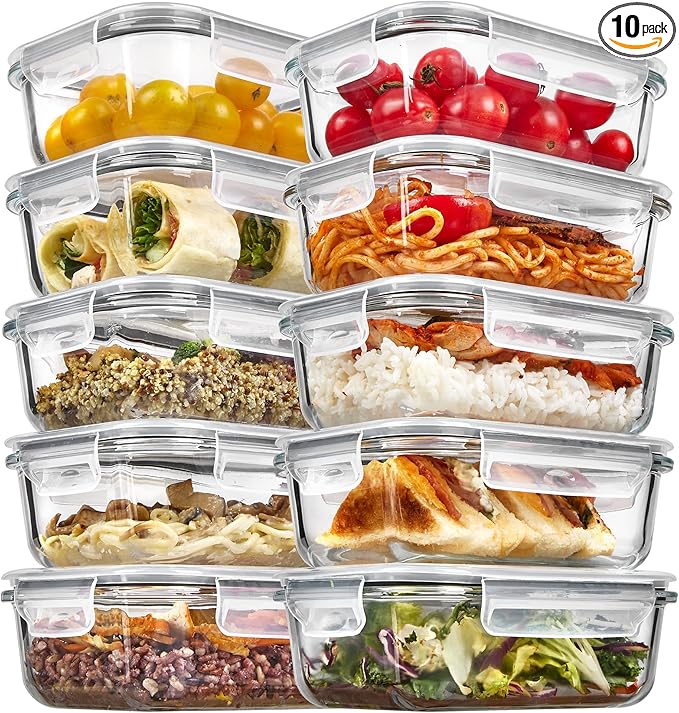 Vtopmart 10-Pack 22oz Glass Storage Containers with Snap Airtight Lids, Safe for Microwave, Oven, Freezer, and Dishwasher