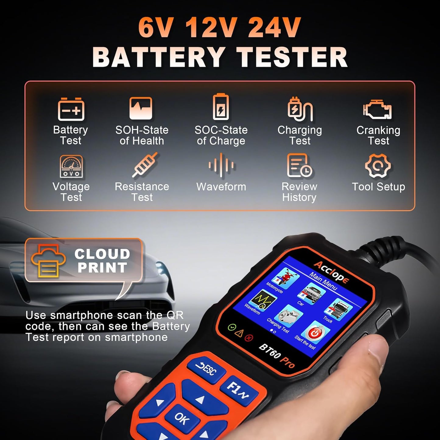 BT60 Pro Acclope Car Battery Tester with Cloud Printing 100-3000 CCA 6V 12V 24V AGM Lithium Gel Battery Checker Automotive Alternator Digital Analyzer Charging Cranking System Vehicles Truck Home-use