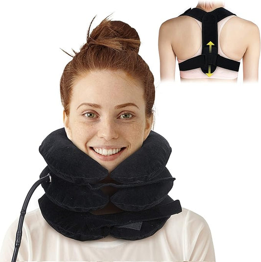 Cervical Neck Traction Device & Posture Corrector for Women and Men, FSA HSA Eligible Inflatable Neck Stretcher Brace for Decompression, Adjustable Upper Back Brace & Elastic Support (Carbon Black)