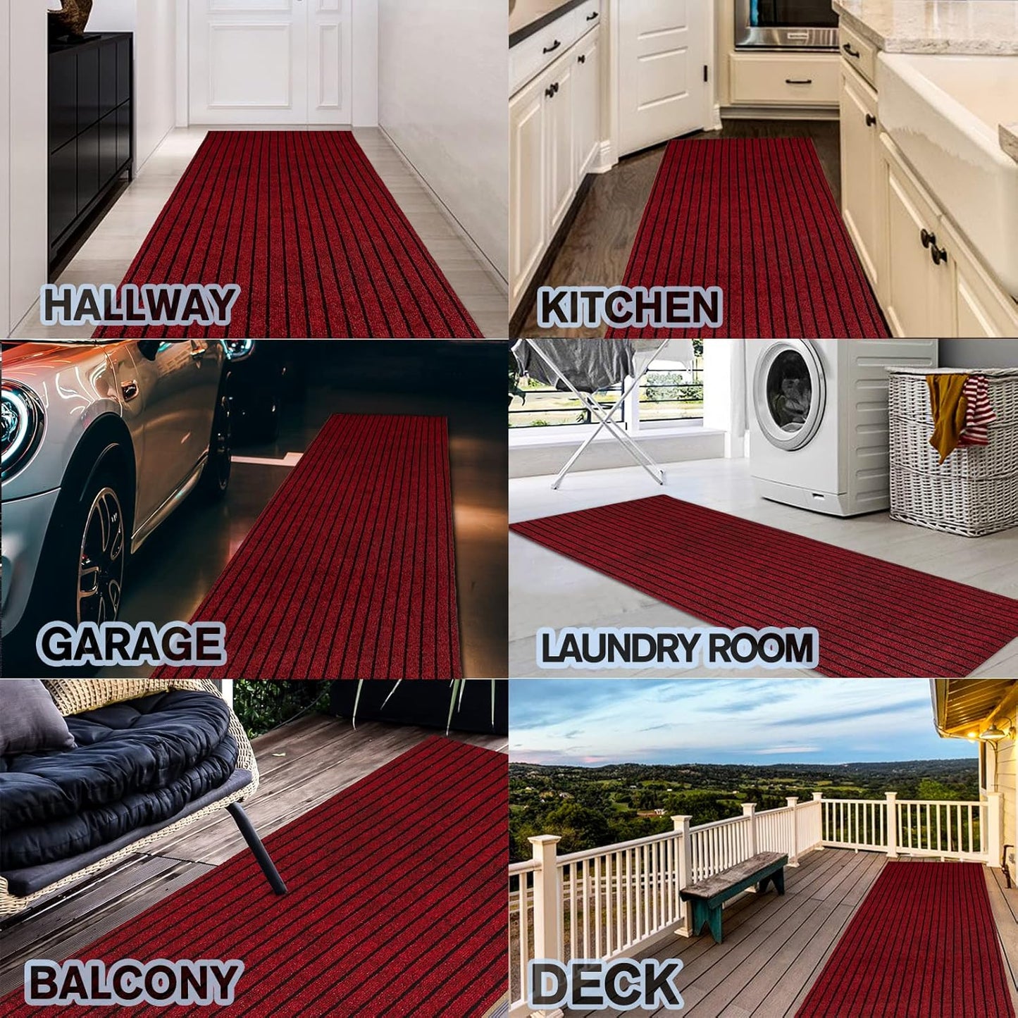Custom Size Backed Non-Slip Area Rugs Runner, Easy Clean, Waterproof Runner Rugs for Hallway Entryway, Kitchen, Laundry, 3FT x 22FT, Red Stripe