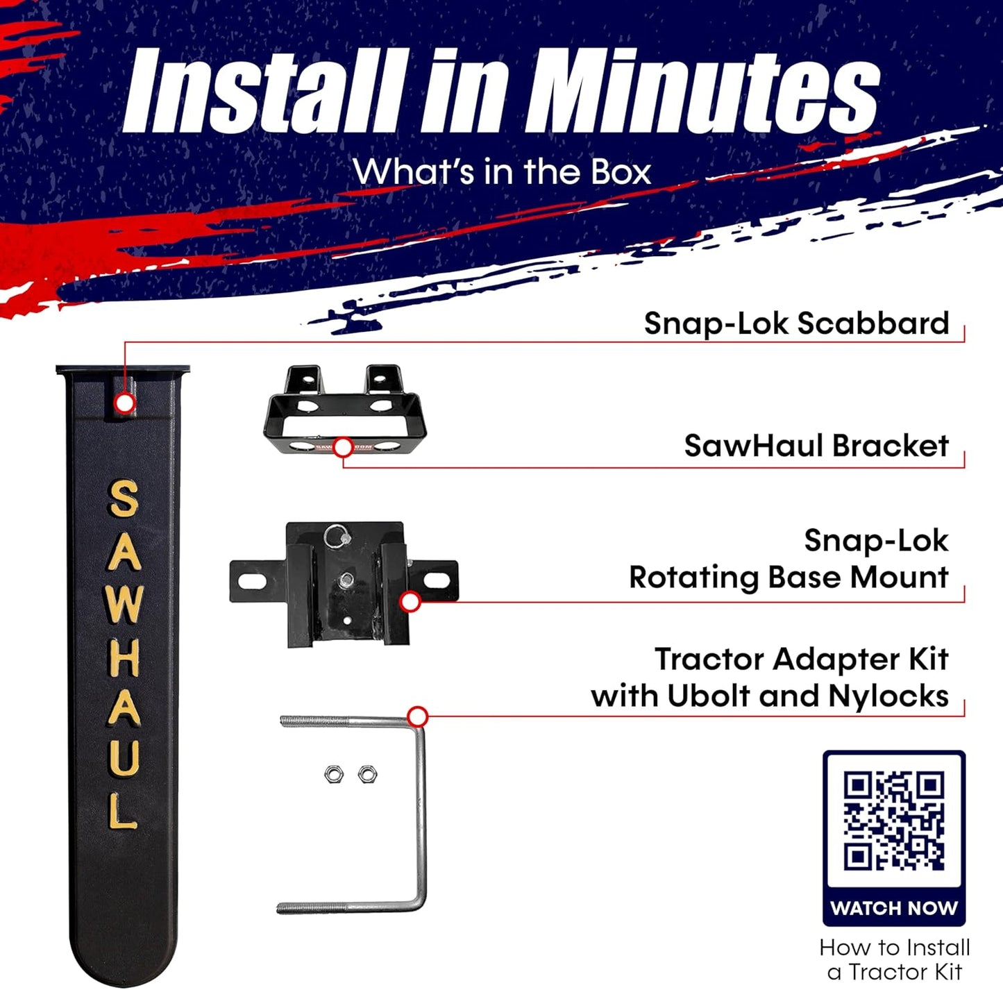 SawHaul Snap-Lok Universal Chainsaw Carrier Kit for Tractors and Skid Steers – 28 Inch Yellow Scabbard with Rotating Mount – Compatible with All Chainsaw Brands – Made in USA
