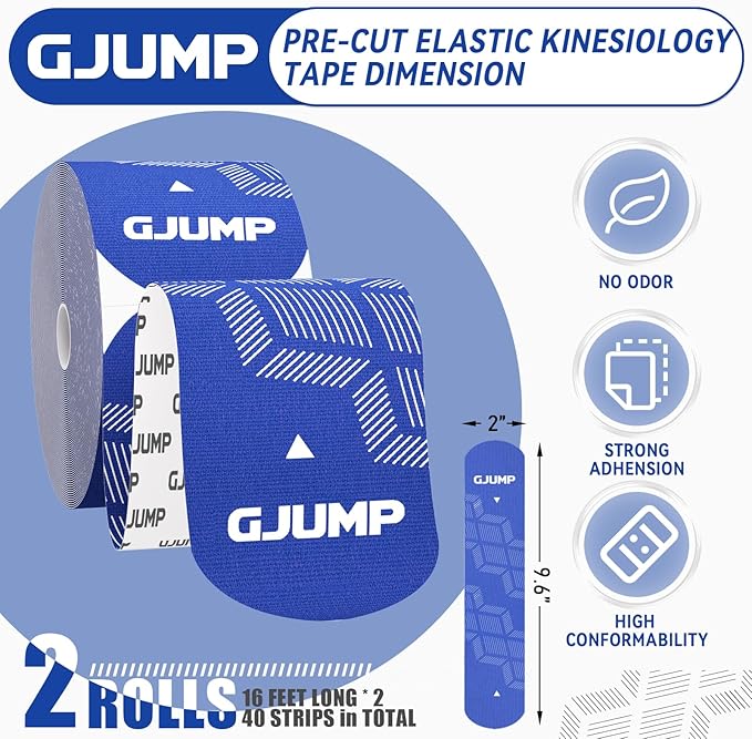 Kinesiology Tape, Original Cotton Elastic Athletic Tape for Muscle Strain Relief & Joint Support, 40 Count Precut Strips 2 Rolls, Waterproof & Breathable Sports Tape for Support and Recovery