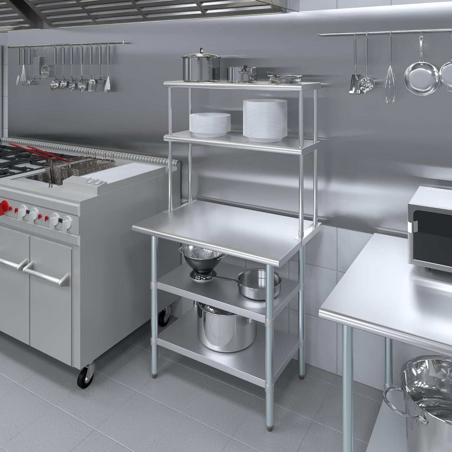 AmGood Stainless Steel Work Table with 2 Shelves | 24" x 36" Table with 2 Shelves + 12" Overshelf