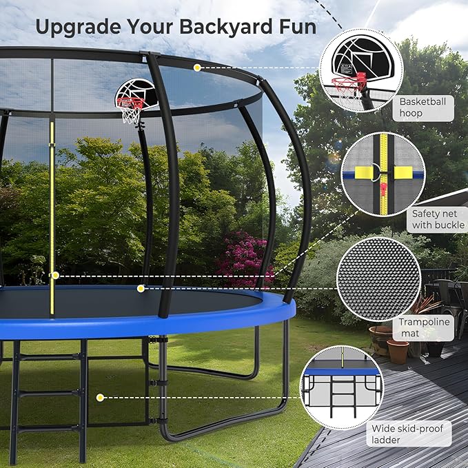 10 12 14 15 16FT Outdoor Trampolines for Kids and Adults, Pumpkin Trampoline with Curved Poles, Recreational Trampoline with Basketball Hoop and Safety Enclosure Net for Kids and Adults