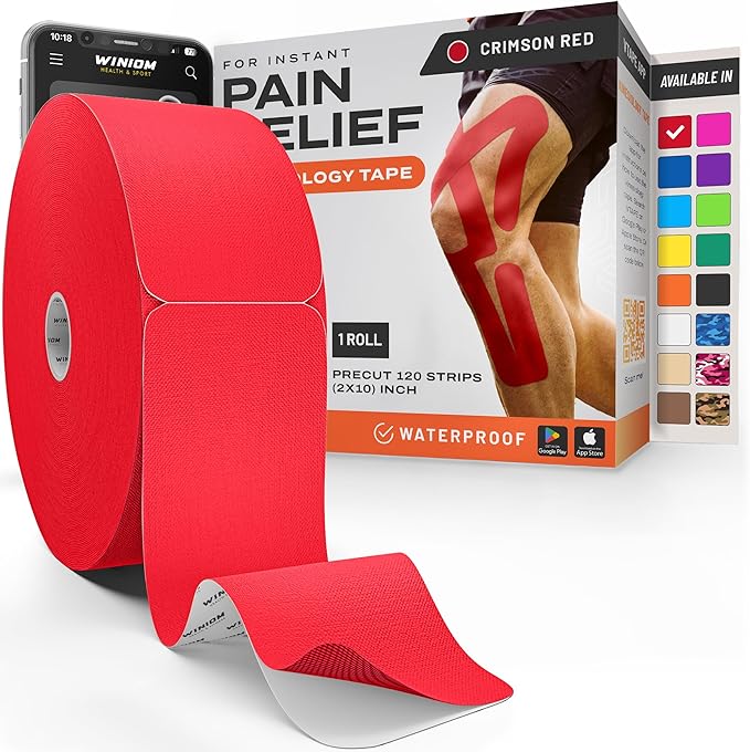 Kinesiology Tape-Incredible Support for Athletic Sports and Recovery + Free Taping Guide - Pre-Cut 2 inch 100 feet (Crimson Red + Free Taping Guide, 1 Pack)