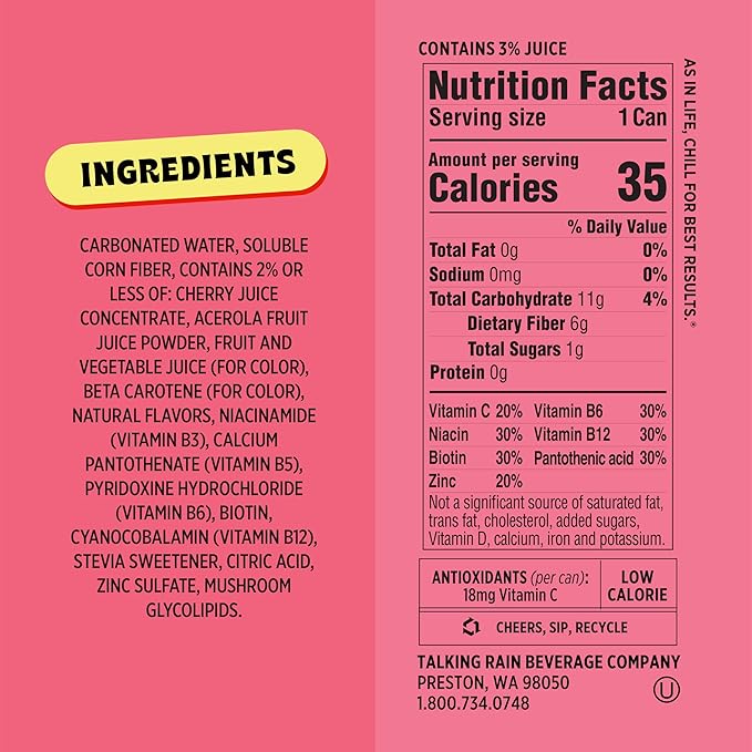 Popwell Cherry Citrus Better-For-You Prebiotic Soda, with 6g Fiber, 1g Sugar, Vitamins and Immunity Support, 12 fl oz Cans (pack of 12)