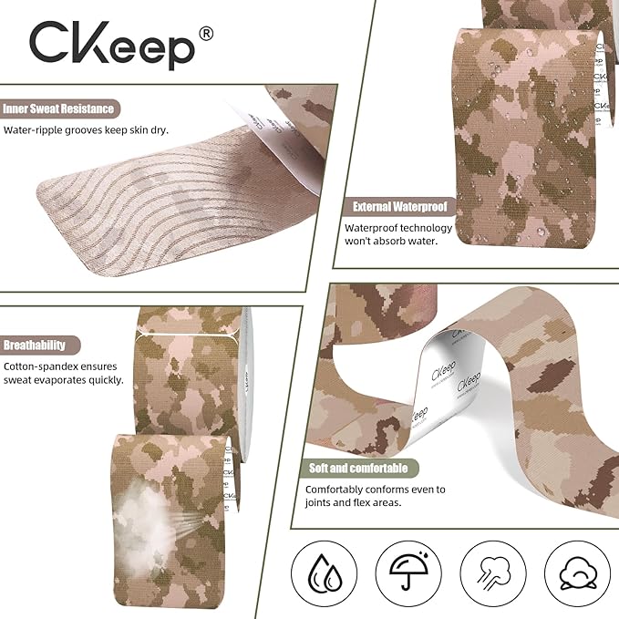 CKeep 4 Rolls Kinesiology Tape, Original Cotton Elastic Athletic Tape, 20 Precut 10" Strips Each, Desert Camo, Ideal for Muscle Support & Injury Prevention