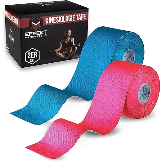 Effekt Manufaktur Kinesiology Tape Waterproof (16 ft x 2 in), 2 Rolls - Elastic Physio Tape for Muscle Support and Injury Recovery, Medical Tape, Kinetic Tape, Durable Kinesthetic Tape (Blue + Pink)
