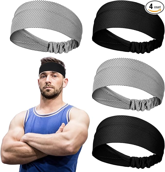 Coume 4 Pcs Cooling Headbands for Women Men Sweat Absorbing Headbands Stretchy Sports Hair Bands for Running, Yoga, Golf, Camping, Biking, Tennis