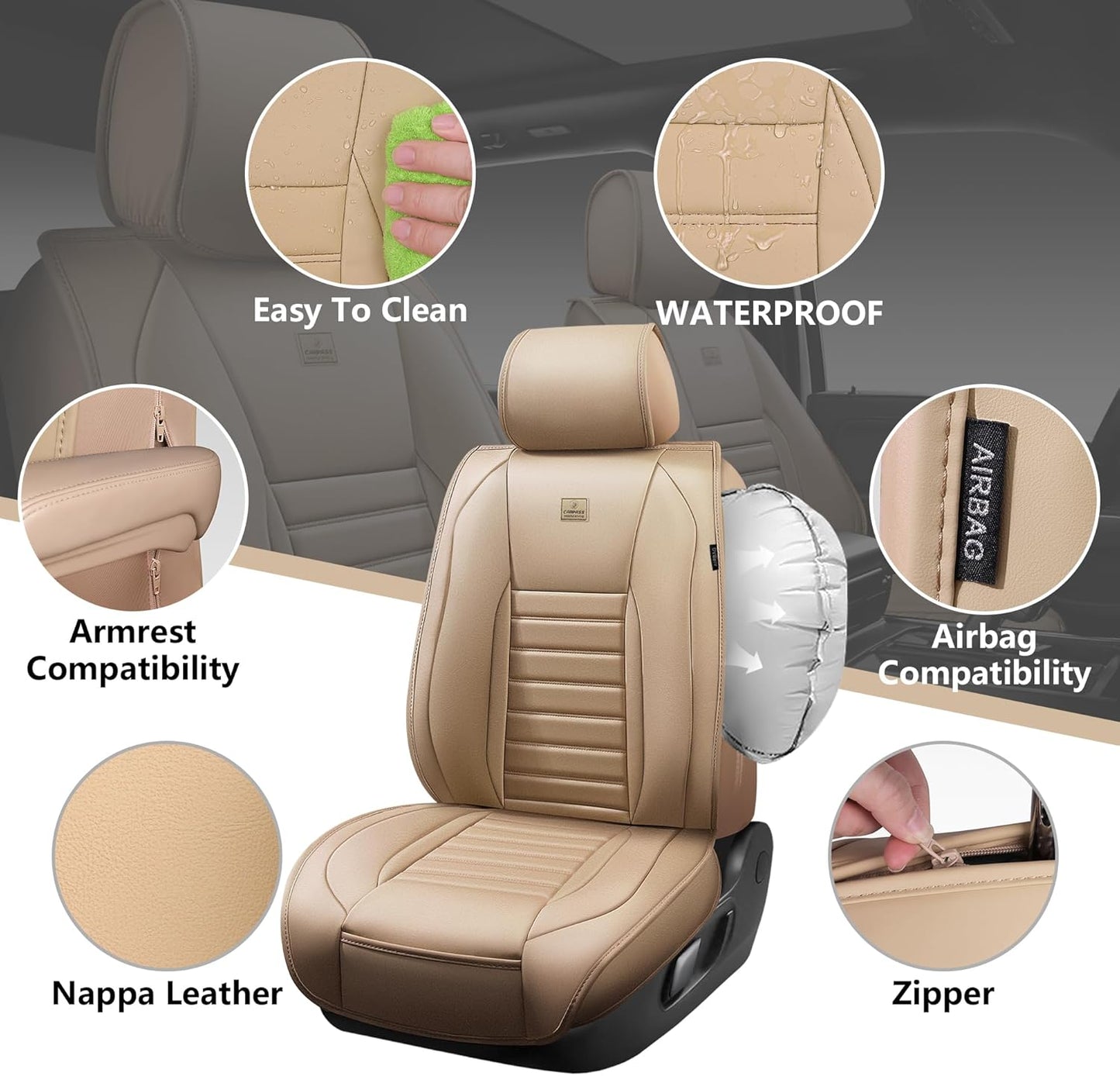 CAR PASS Nappa Leather Car Seat Covers Full Set, Luxury Seat Protector for Cars, Waterproof Anti-Slip Car Seat Cushion Armrest Compatible Airbag Universal for Sedan SUV Pick-up Truck Automotive, Beige