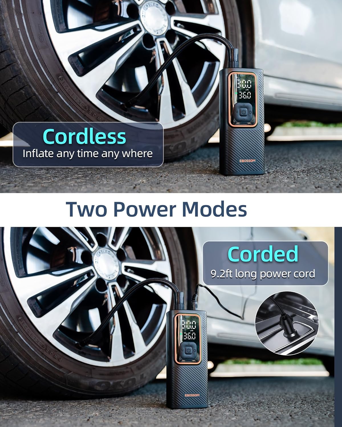 Tire Inflator Portable Air Compressor, Car Air Pump with Pressure Gauge, 150 PSI Cordless Tire Inflator Rechargeable with Display & LED for Car, Motocycle, Bikes, Balls, Swim Ring