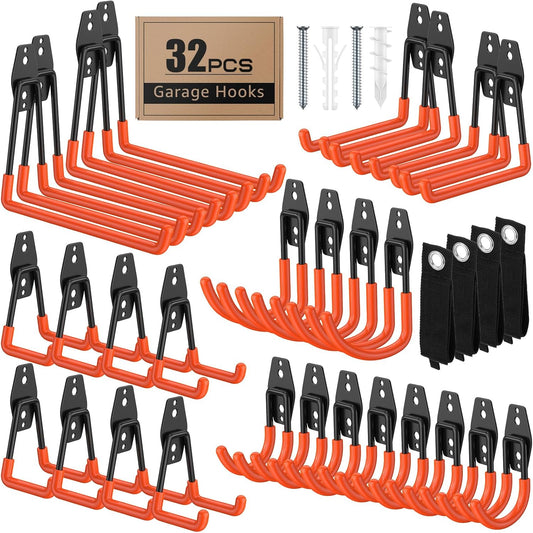 32 Pack Garage Hooks with Anti-Slip Coating Heavy Duty Wall Mount Hooks for Garage Storage and Hanging Hoses Bike Garden Tools Ropes etc