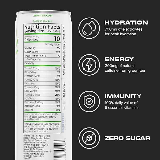 PHX Hydration Energy Drink - 700mg Electrolytes, 200mg Natural Green Tea Caffeine, 100% Daily Value 8 Essential Vitamins - 12 oz Cans (12 Pack) (12 Pack, Lemon Lime)