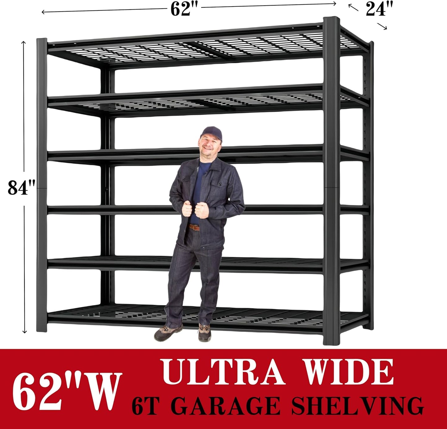 6T 62" W x 24" D x 84" H Garage Shelving Heavy Duty Metal Shelving 4200LBS Storage Shelves Adjustable Metal Shelves for Storage Industrial Garage Shelves for Warehouse Basement