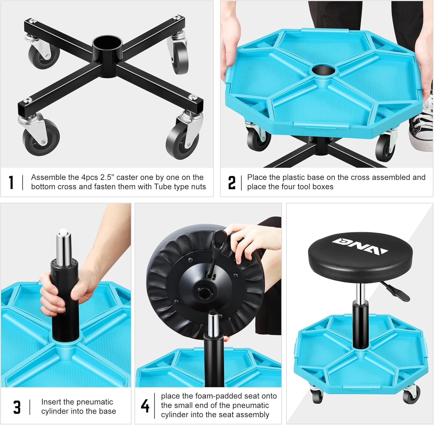 DNA MOTORING Adjustable Height Pneumatic Garage Seat Rolling Mechanic Stool with Tool Tray Storage,300lbs Max Weight Capacity, Blue,TOOLS-00480