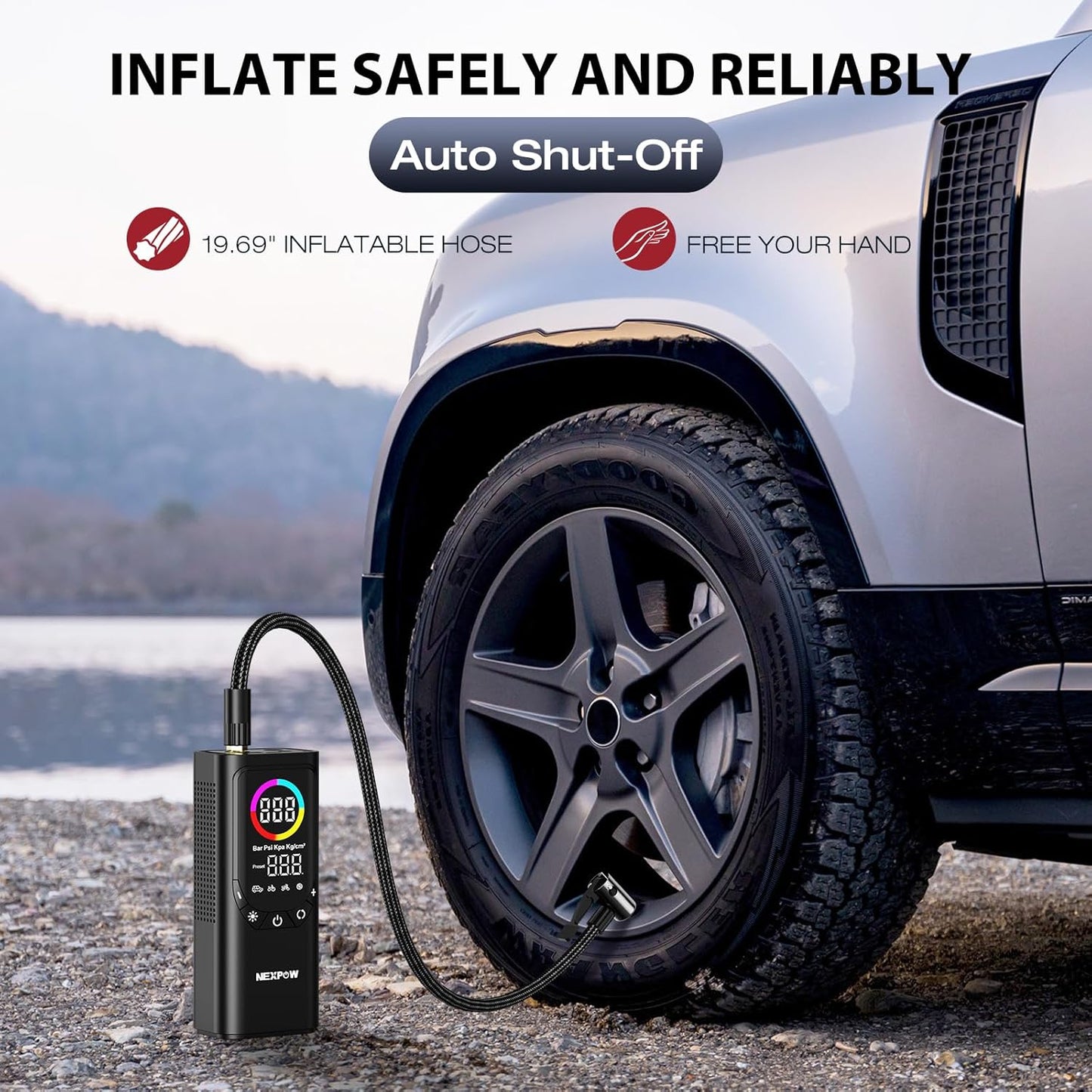 Tire Inflator Portable Air Compressor, NEXPOW 150PSI & 9000mAh Cordless Air Pump with Digital Tire Pressure Gauge, Accurate Dual LCD Display & LED Light, Tire Inflator for Car,Motorcycle,Bike,Balls