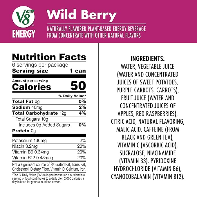 V8 +Energy Wild Berry Juice Energy Drink, 8 fl oz Can (6 Pack)