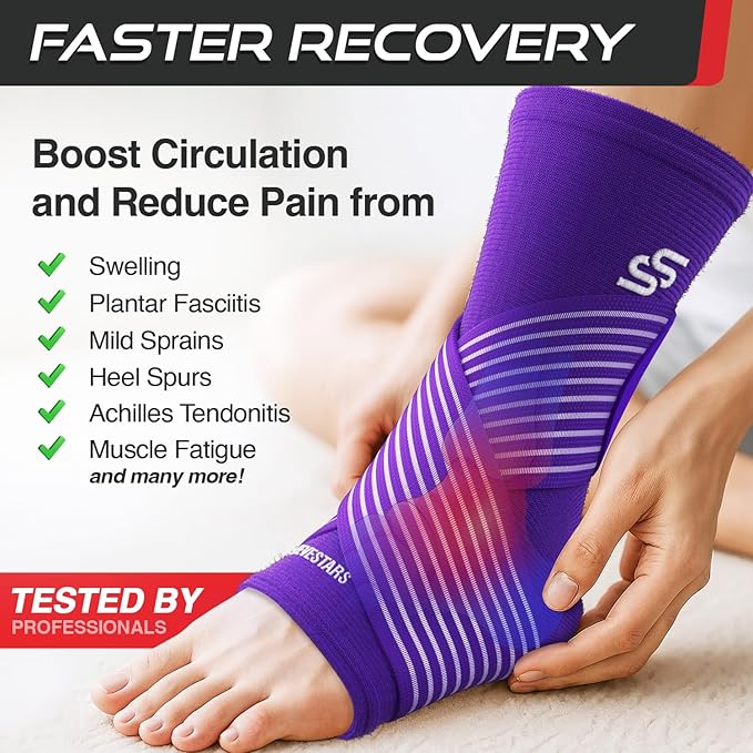 Sleeve Stars Ankle Brace for Women & Men, Ankle Wrap for Sprained Ankle, Compression Sleeve for Plantar Fasciitis Relief, Easy Customizable Support: w/Removable Strap (Single/L:12"-13"/Dark Purple)