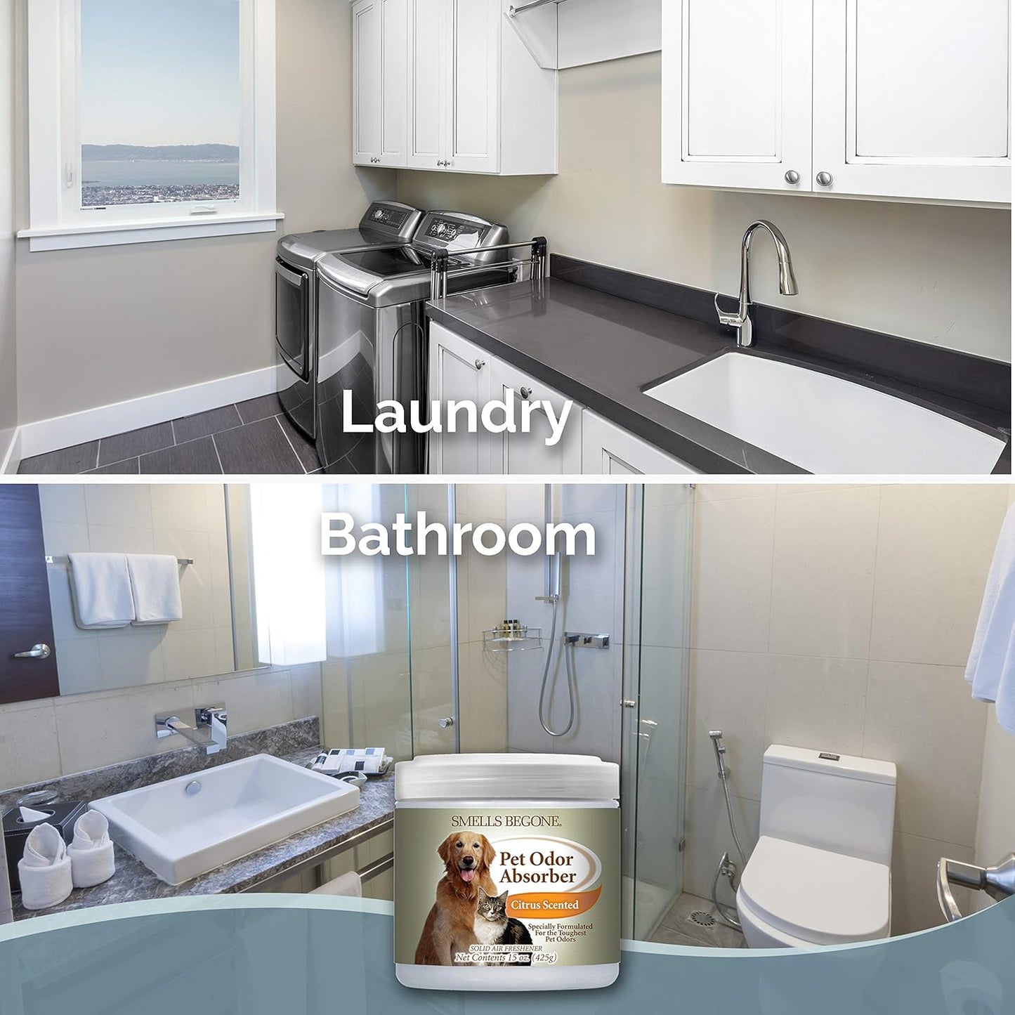 SMELLS BEGONE Air Freshener Pet Odor Absorber Gel - 15 oz, Pack of 2 - Absorbs and Eliminates Odor in Pet Areas, Bathrooms, Cars, & Boats - Made with Essential Oils - Citrus Scent