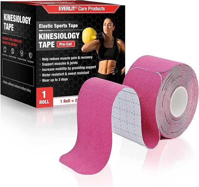 EVERLIT [Single] Pre-Cut Elastic Cotton Kinesiology Therapeutic Athletic Sports Tape, for Pain Relief and Support, 20 Precut 10” Strips (Pink)