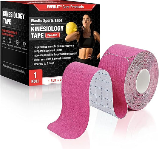 EVERLIT [Single] Pre-Cut Elastic Cotton Kinesiology Therapeutic Athletic Sports Tape, for Pain Relief and Support, 20 Precut 10” Strips (Pink)