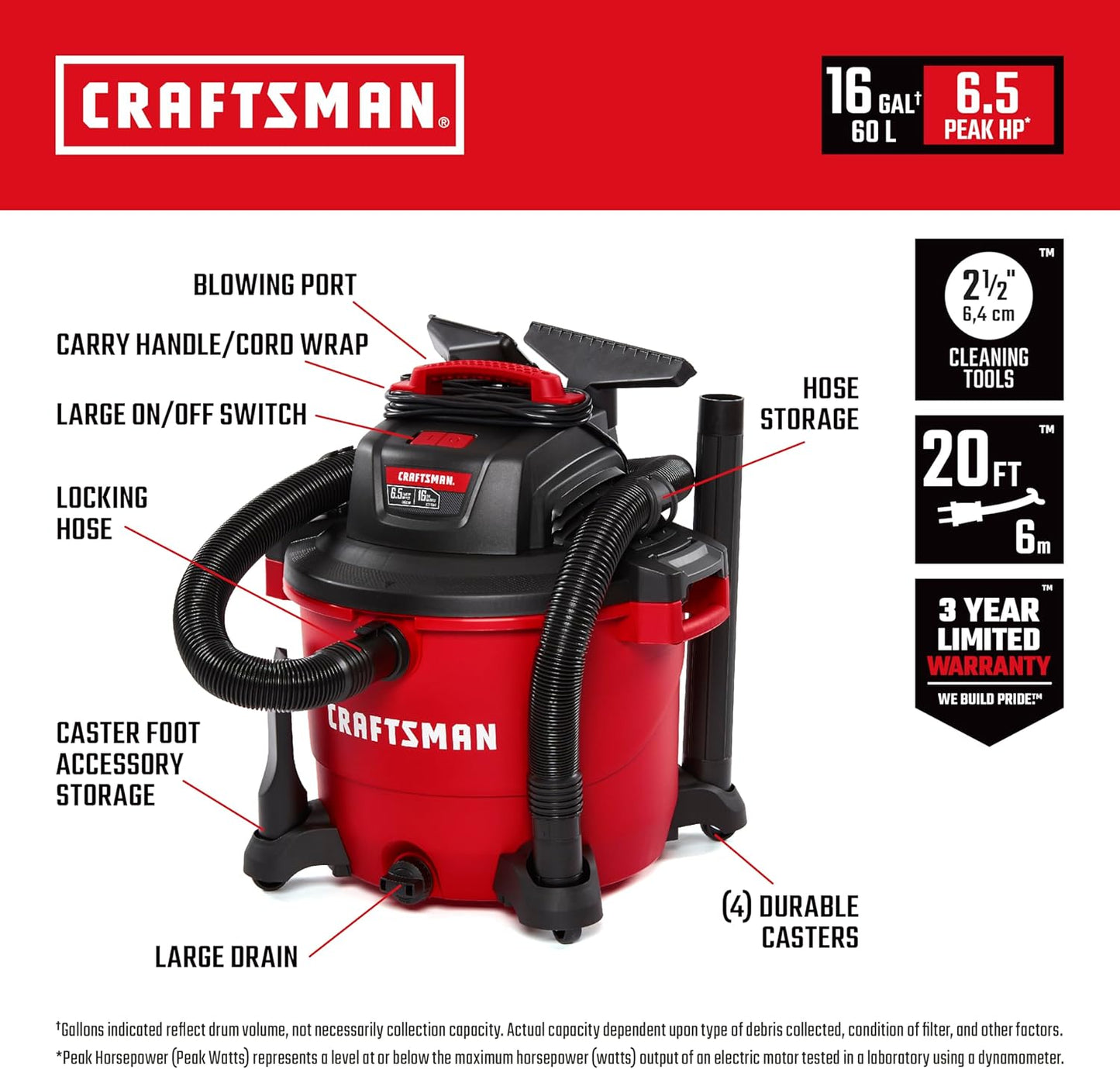 CRAFTSMAN CMXEVBE18595 16 Gallon 6.5 Peak HP Wet Dry Vac, Heavy-Duty Shop Vacuum Wet and Dry with Filter, 4 Dust Bags, Hose and Attachments for Home Projects & Renovations