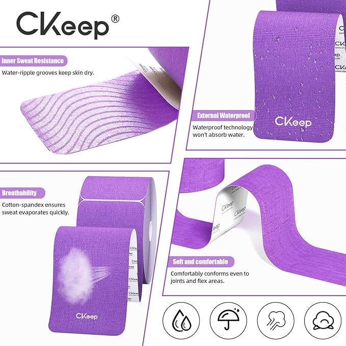 CKeep 4 Rolls Kinesiology Tape, Original Cotton Elastic Athletic Tape, 20 Precut 10" Strips Each, Purple, Ideal for Muscle Support & Injury Prevention