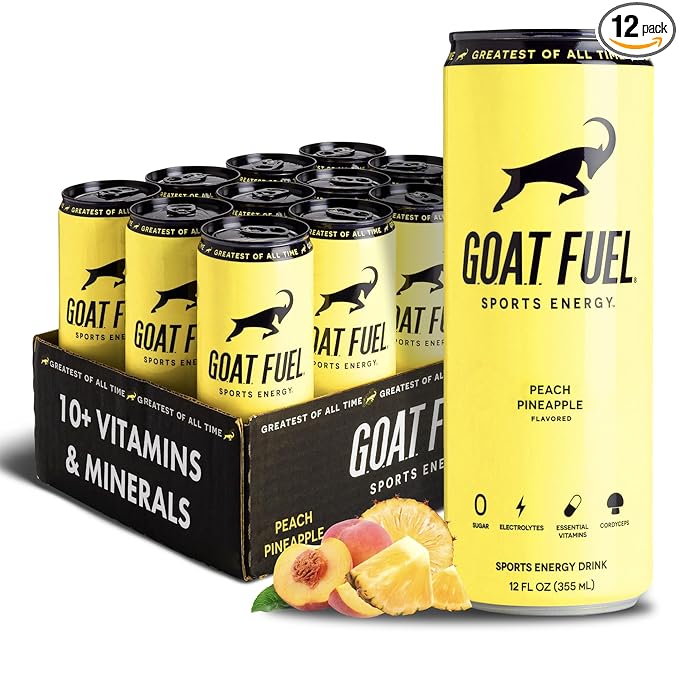 G.O.A.T. Fuel Energy Drink, Co-Founded by Jerry Rice, Natural Caffeine, Electrolytes, BCAAs, Cordyceps Mushrooms & Antioxidants, Light Carbonation Pre Workout, 12 Pack, 12 FL Oz, Peach Pineapple