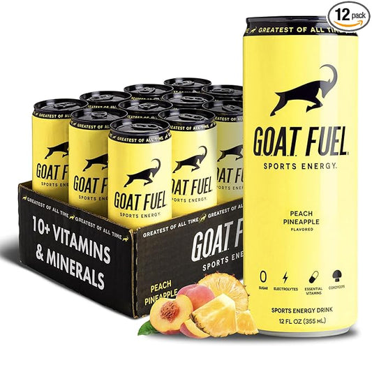 G.O.A.T. Fuel Energy Drink, Co-Founded by Jerry Rice, Natural Caffeine, Electrolytes, BCAAs, Cordyceps Mushrooms & Antioxidants, Light Carbonation Pre Workout, 12 Pack, 12 FL Oz, Peach Pineapple