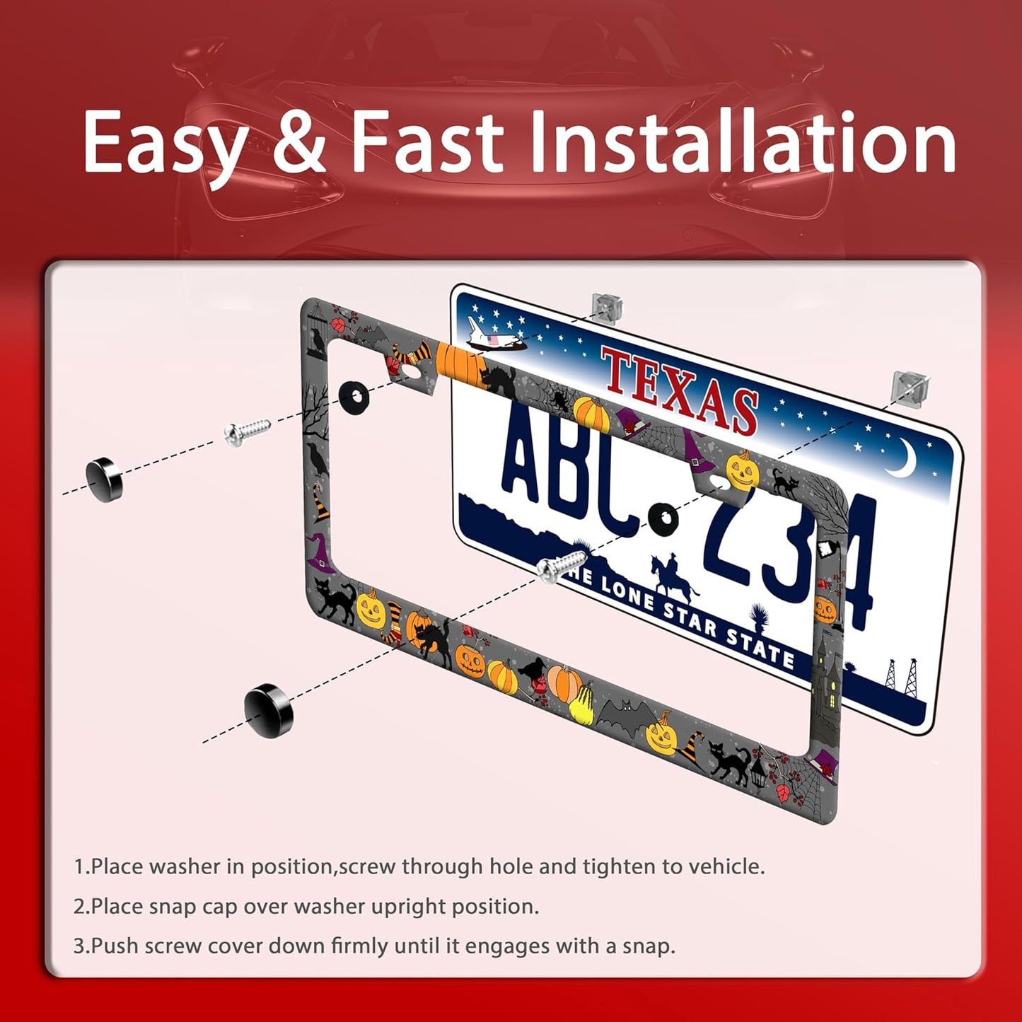 Halloween Pumpkin Cat License Plate Frame Bat Spider License Plate Holder Funny Stainless Steel Accessories Cars Decor with 2 Holes and Screws Fits Standard Us Ca Vehicles 12.2 X 6 Inch