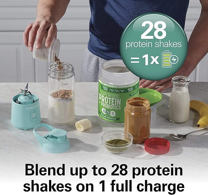 Hamilton Beach Mini Cordless Portable Personal Blender for Shakes and Smoothies, USB Rechargeable, 16 oz. Jar with Leakproof Travel Lid, 6 Stainless Steel Blades, Blue (51182)