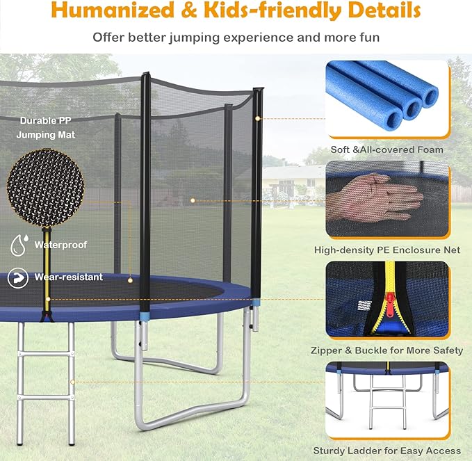 GYMAX Trampoline, 8FT 10FT 12FT 14FT 15FT 16FT Recreational Trampolines w/Safety Enclosure Net & Ladder - ASTM Certificated, Outdoor Trampoline for Kids and Adults