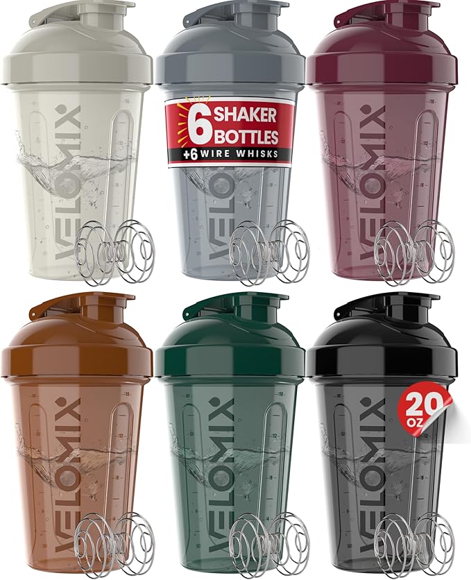 '-6 PACK- Shaker Cups for Protein Shakes 20 oz - 6x Wire Whisk | Leak Proof Protein Shaker Bottle for Protein Shakes, Shaker Bottle Pack for Pre & Post Workout, Shaker Cup (Mood Tones)