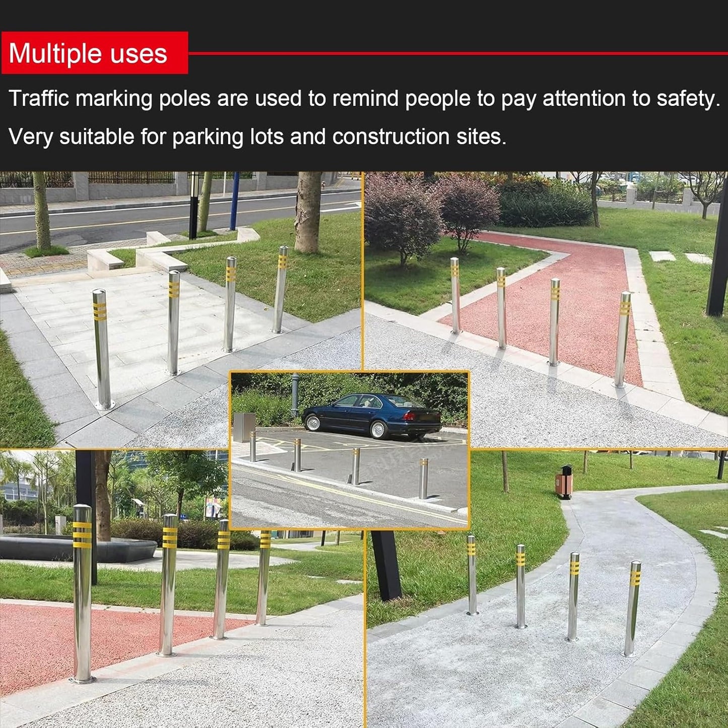 Stainless Steel Parking Bollards for Driveway, Industrial Safety Bollards Reflective Channelizer Post, Parking Barrier, Sturdy and Durable, Easy to Install, for Crowd Control(Silver (4pcs),8.9*75cm/3.