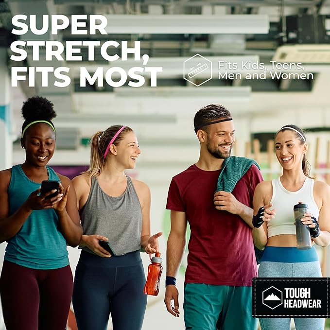 Tough Headwear Thin Elastic Headbands, Sports Headbands for Women & Men - Mens Workout Headband - Running or Soccer Headband - 6-Pack